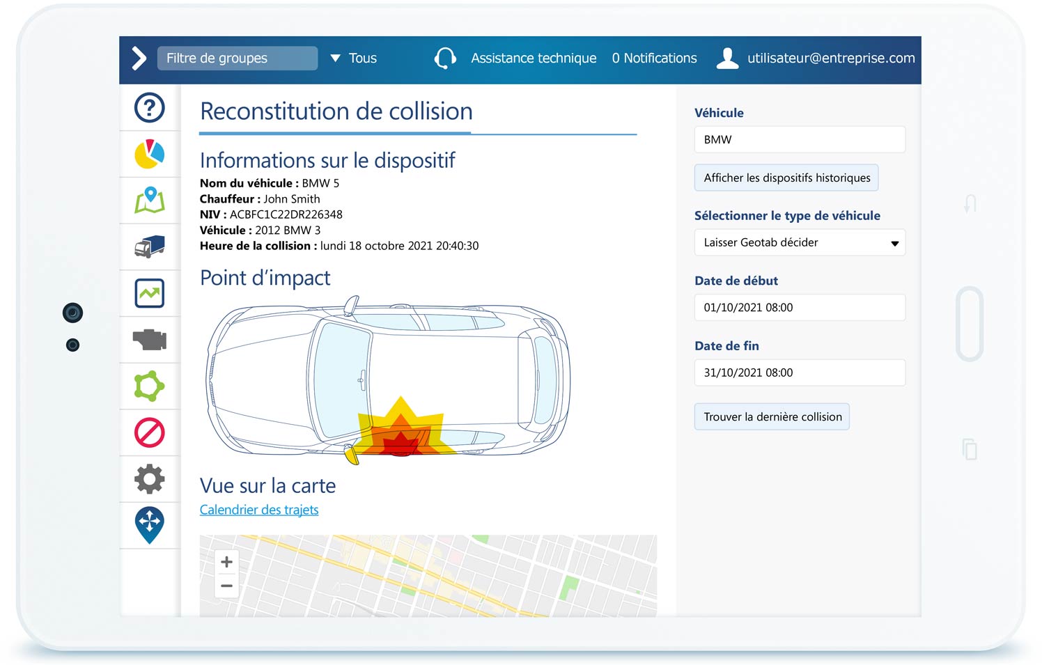 Rapport de collision dans l’IU MyGeotab sur une tablette blanche