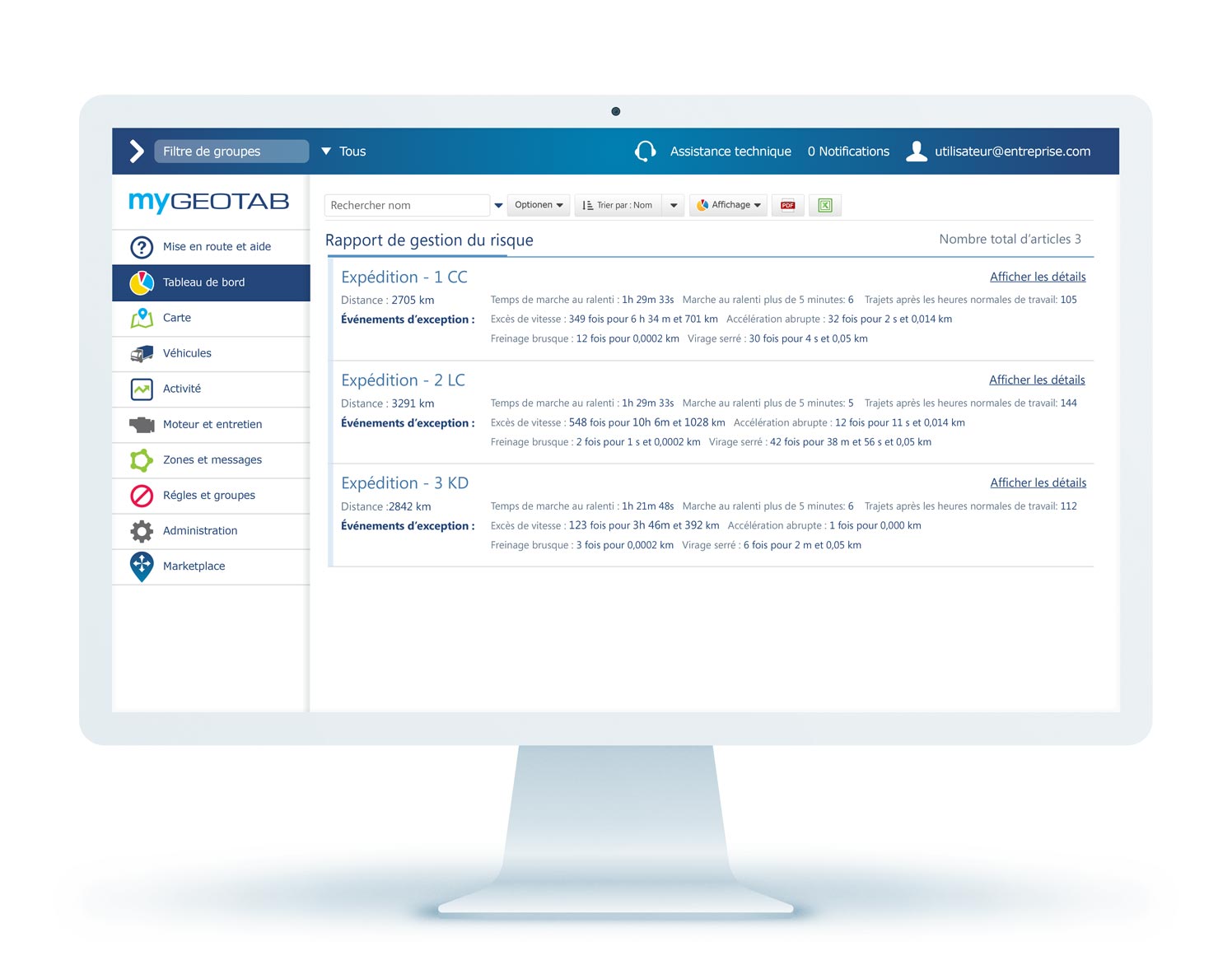 Rapport de gestion du risque dans l’IU MyGeotab sur un écran d’ordinateur de bureau